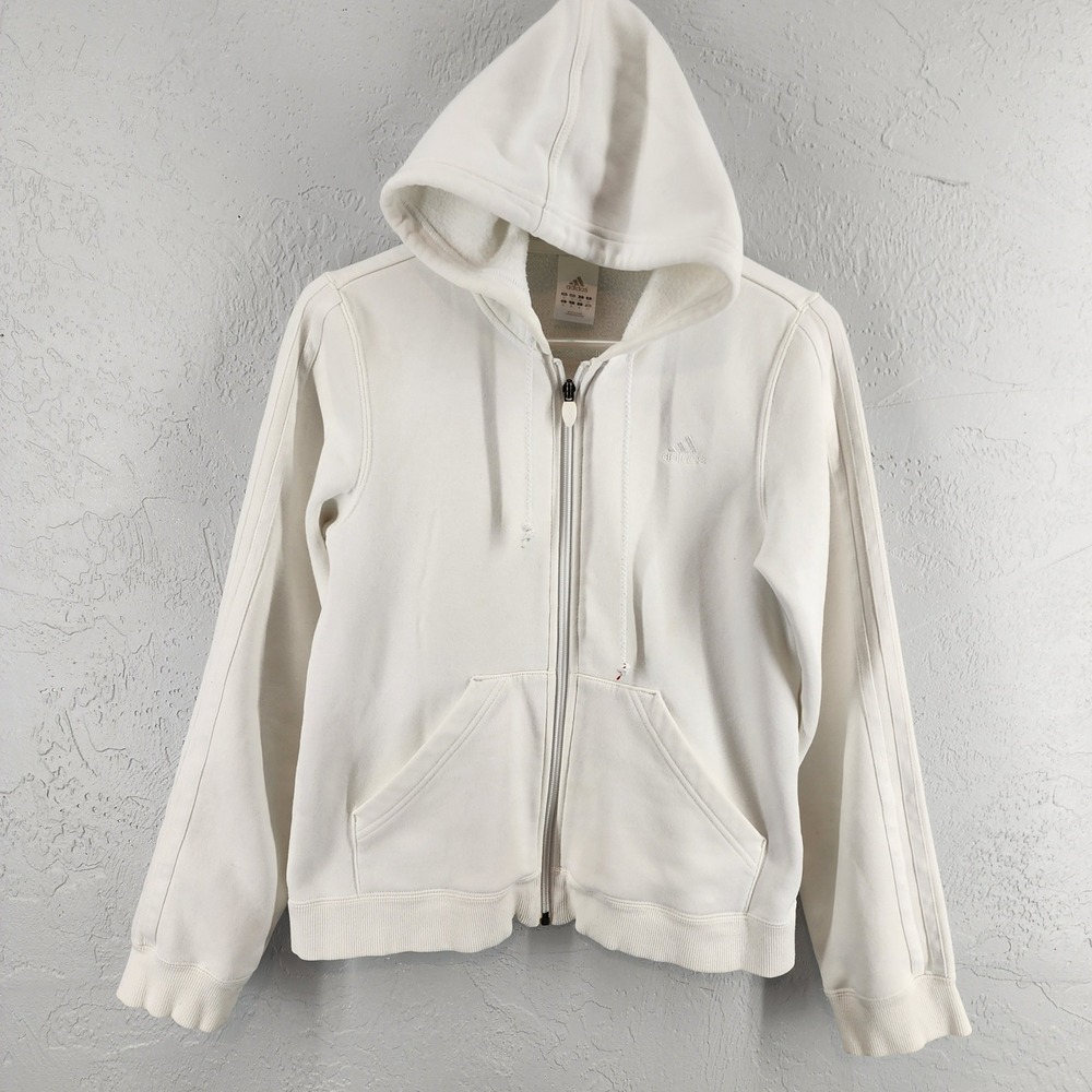 Adidas White Full Zip 3-Stripe Fleece Hoodie Y2K Sporty Womens Small